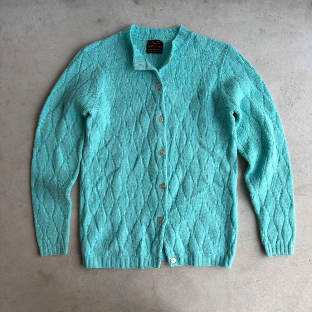 Vintage Sears Wintuk Aqua Blue Diamond Knit Cardigan Sweater Orlon Acrylic Women
